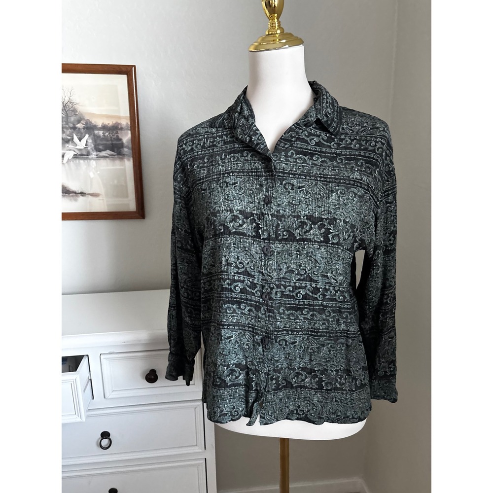 Rena Rowan for Saville‎ Vintage Teal Black Paisley Crinkle Rayon Blouse Size 8